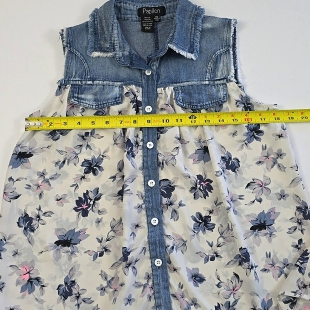 Papillon Women's Denim Yoke Semi Sheer Floral Sleeveless Blouse Blue XS - Picture 7 of 8